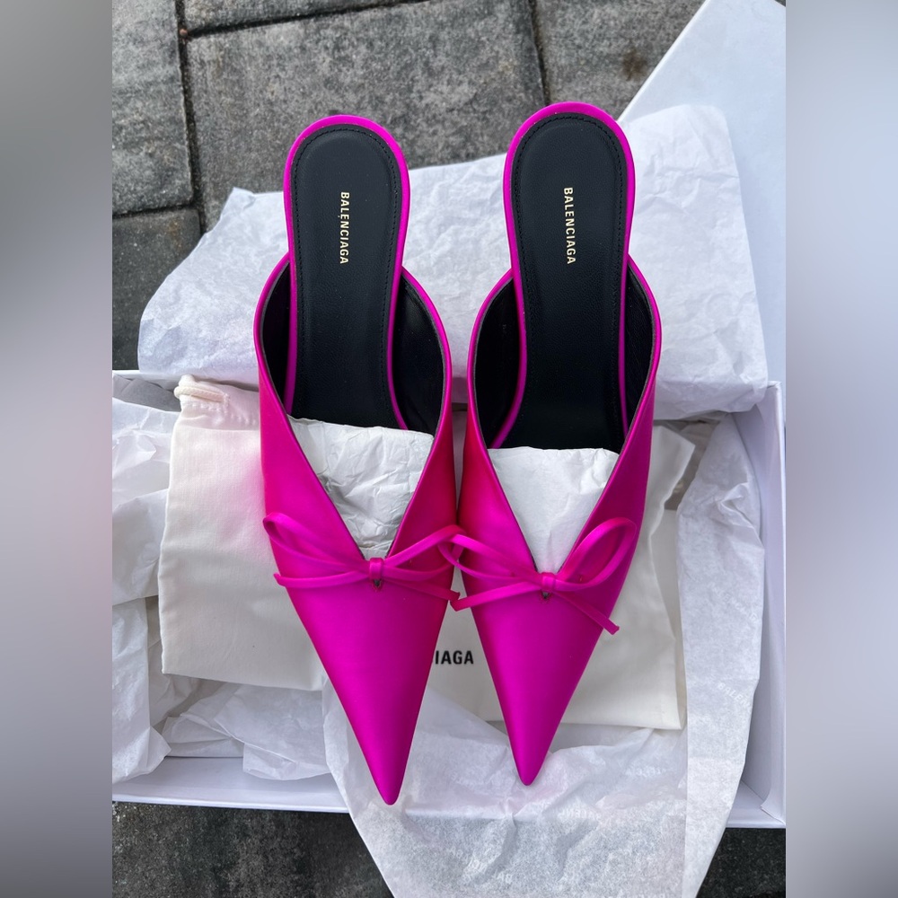 BALENCIAGA Knife Bow Satin Fuchsia Mules - Size 38.5 - NEW - Picture 10 of 17